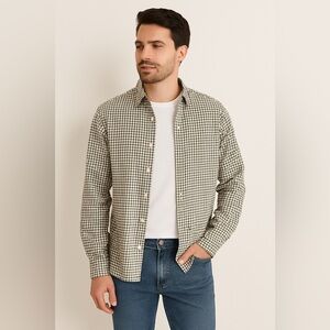 Lands’ End Men’s Medium Flannel Shirt Green Brown Plaid 100% Cotton Casual